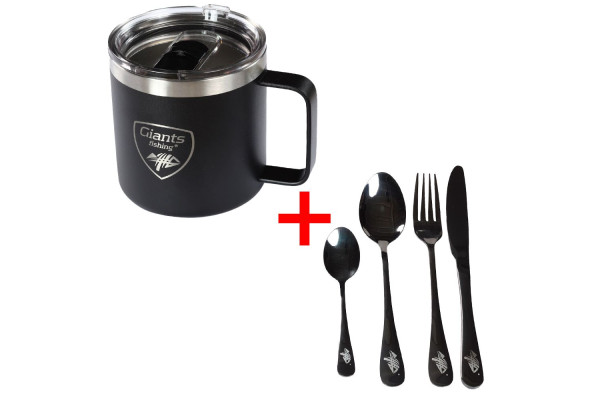 Giants fishing Akční set Nerezový thermo hrnek 400ml + Sada nerezových příborů